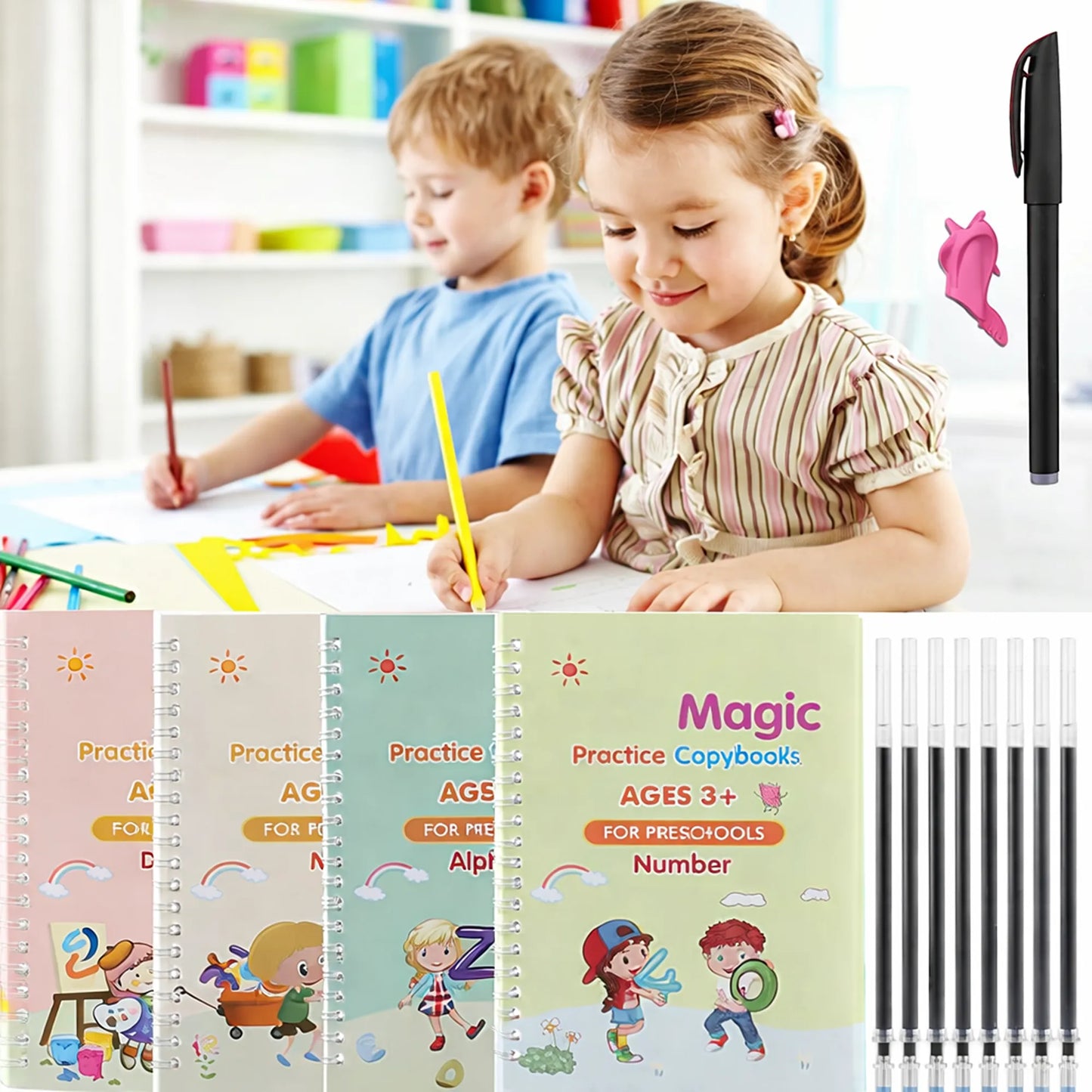 Sank Magic Practice Copybook Set (4 Reusable Books with Magic Pen)
